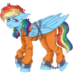 Size: 2000x2000 | Tagged: safe, artist:kazmuun, derpibooru import, pegasus, pony, bound wings, chained, chains, clothes, commissioner:rainbowdash69, cuffed, cuffs, image, never doubt rainbowdash69's involvement, png, prison outfit, prisoner, prisoner rd, shackles, wings