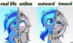 Size: 2998x1764 | Tagged: suggestive, alternate version, artist:54600, derpibooru import, oc, oc:starfeather, pony, unicorn, ahegao, blushing, bowtie, clothes, collar, colored pupils, drool, eyes rolling back, eyeshadow, female, floppy ears, happy, hoof shoes, image, jpeg, leash, looking at you, makeup, mare, meme, messy mane, open mouth, pet play, scarf, smiling, solo, solo female, split screen, tongue out, two sided posters, two sides