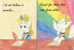 Size: 3100x2093 | Tagged: safe, artist:opti, derpibooru import, oc, oc:guiding light, unicorn, alicorn wings, atg 2023, image, jpeg, newbie artist training grounds, quill, rainbow, text, traditional art, wings