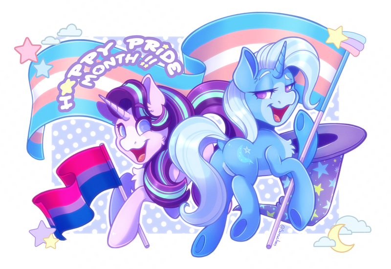 Size: 4715x3240 | Tagged: safe, artist:screwchaos, derpibooru import, starlight glimmer, trixie, pony, unicorn, abstract background, bisexual pride flag, butt, chest fluff, cute, diatrixes, dock, duo, featureless crotch, female, glimmerbetes, high res, image, lesbian, lidded eyes, mare, no pupils, open mouth, open smile, plot, png, pride, pride flag, pride month, shipping, simple background, smiling, startrix, tail, trans trixie, transgender, transgender pride flag, two toned coat, white background