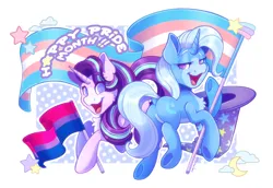 Size: 4715x3240 | Tagged: safe, artist:screwchaos, derpibooru import, starlight glimmer, trixie, pony, unicorn, bisexual pride flag, butt, cute, diatrixes, dock, duo, female, glimmerbetes, high res, image, lesbian, lidded eyes, mare, open mouth, open smile, plot, png, pride, pride flag, pride month, shipping, simple background, smiling, startrix, tail, trans trixie, transgender, transgender pride flag, white background