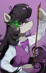Size: 1280x2041 | Tagged: safe, artist:astralblues, derpibooru import, octavia melody, pony, bow (instrument), clothes, disguise, disguised changeling, image, jpeg, solo