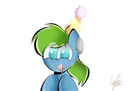 Size: 2732x1942 | Tagged: safe, artist:lydia, derpibooru import, oc, oc:kurt, unofficial characters only, earth pony, pony, happy, happy birthday, hat, headset, image, laughing, looking at you, male, open mouth, party hat, png, simple background, smiling, smiling at you, solo, white background