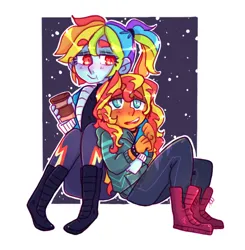 Size: 960x979 | Tagged: safe, artist:jackytheripperart, derpibooru import, rainbow dash, sunset shimmer, equestria girls, arm on shoulder, blushing, clothes, coffee, cuddling, female, image, jacket, lesbian, png, ponytail, shipping, smiling, snow, snowfall