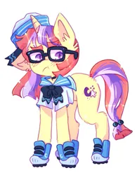 Size: 551x707 | Tagged: safe, artist:jackytheripperart, derpibooru import, moondancer, pony, unicorn, blushing, clothes, embarrassed, glasses, image, png, sailor uniform, shoes, simple background, solo, uniform, white background