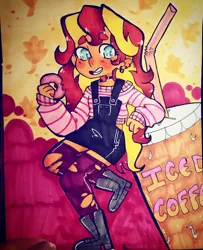 Size: 1280x1577 | Tagged: safe, artist:jackytheripperart, derpibooru import, sunset shimmer, equestria girls, clothes, coffee, donut, ear piercing, earring, food, image, jewelry, jpeg, leggings, piercing, smiling, solo, torn clothes