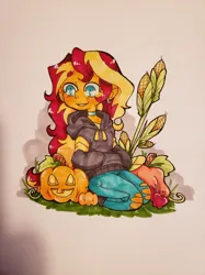Size: 1280x1707 | Tagged: safe, artist:jackytheripperart, derpibooru import, sunset shimmer, equestria girls, clothes, corn, food, halloween, holiday, hoodie, image, jack-o-lantern, jpeg, kneeling, pants, pumpkin, ripped pants, simple background, smiling, solo, torn clothes