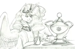 Size: 1500x978 | Tagged: safe, artist:baron engel, derpibooru import, princess celestia, alicorn, pony, female, image, jpeg, mare, monochrome, pencil drawing, story included, traditional art