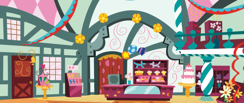 Size: 3019x1280 | Tagged: safe, derpibooru import, official, .svg available, background, balloon, balloon animal, birthday cake, cake, counter, door, food, g4, image, interior, no pony, png, room, shelf, vector, window