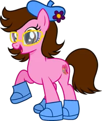 Size: 843x1002 | Tagged: safe, artist:loopydalamb, artist:tanahgrogot, derpibooru import, oc, oc:tiffany fisher, unofficial characters only, earth pony, pony, series:the guardian of leadership, base used, clothes, earth pony oc, female, flower, glasses, happy, hat, image, looking at you, mare, medibang paint, open mouth, open smile, png, shoes, simple background, smiling, smiling at you, solo, transparent background