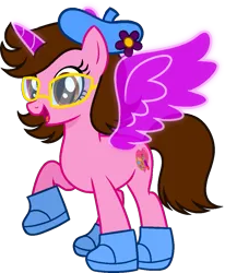 Size: 849x1029 | Tagged: safe, artist:loopydalamb, artist:tanahgrogot, derpibooru import, oc, oc:tiffany fisher, unofficial characters only, alicorn, earth pony, pony, series:the guardian of leadership, base used, clothes, earth pony oc, female, flower, glasses, happy, hat, image, looking at you, magic, mare, medibang paint, open mouth, open smile, png, shoes, simple background, smiling, smiling at you, solo, transparent background