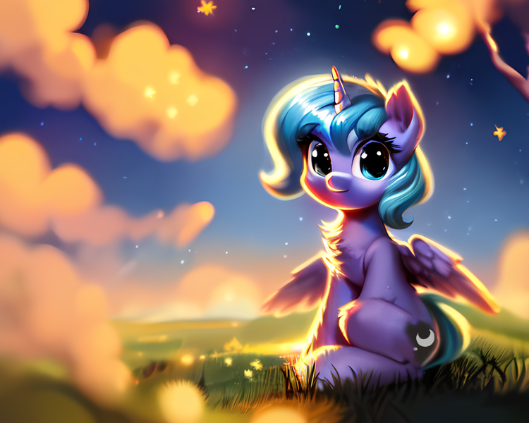 Size: 2560x2048 | Tagged: safe, derpibooru import, editor:felisamafeles, machine learning assisted, machine learning generated, stable diffusion, princess luna, alicorn, pony, ai content, chest fluff, cloud, depth of field, derpibooru exclusive, female, field, filly, flower, fluffy, foal, fur, g4, generator:pony diffusion v5, generator:purplesmart.ai, image, night, night sky, png, sitting, sky, smiling, soft color, solo, woona, younger