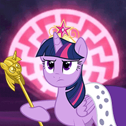 Size: 282x282 | Tagged: safe, artist:canon-lb, banned from derpibooru, deleted from derpibooru, edit, twilight sparkle, twilight sparkle (alicorn), alicorn, pony, princess twilight sparkle (episode), season 4, animated, big crown thingy, black sun, clothes, element of magic, female, gif, image, jewelry, mare, nazi, regalia, robe, scepter, solo, twilight scepter