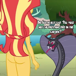 Size: 662x662 | Tagged: artist needed, suggestive, anonymous artist, derpibooru import, sunset shimmer, cobra, serpent, snake, equestria girls, adam and eve, ass, butt, female, garden of eden, genesis, image, nudity, photo, png, practitioner of naturism, text