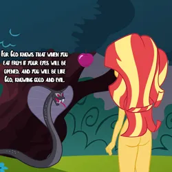 Size: 1080x1080 | Tagged: artist needed, suggestive, anonymous artist, derpibooru import, sunset shimmer, cobra, serpent, snake, equestria girls, adam and eve, ass, butt, female, forbidden fruit, garden of eden, genesis, image, nudity, photo, png, practitioner of naturism, text, tree