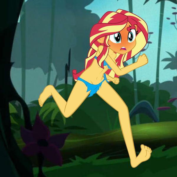 Size: 1080x1080 | Tagged: artist needed, questionable, anonymous artist, derpibooru import, sunset shimmer, equestria girls, adam and eve, blushing, bra, clothes, female, genesis, image, loincloth, nudity, photo, png, running, running away, torn clothes, underwear