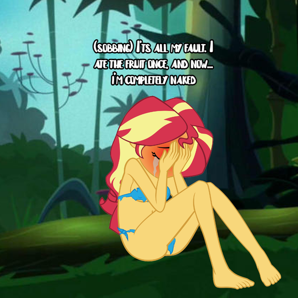 Size: 1080x1080 | Tagged: artist needed, questionable, anonymous artist, derpibooru import, sunset shimmer, equestria girls, adam and eve, blushing, clothes, crying, female, forgiveness, genesis, image, loincloth, nudity, photo, png, sinner, text, torn clothes