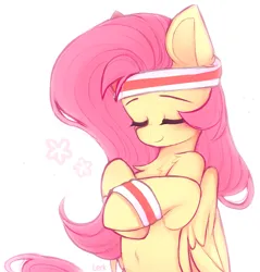 Size: 1954x2048 | Tagged: safe, artist:lerkfruitbat, derpibooru import, fluttershy, pegasus, pony, chest fluff, cute, daaaaaaaaaaaw, eyebrows, eyes closed, female, image, jpeg, mare, shyabetes, signature, simple background, solo, sweatband, white background, wings