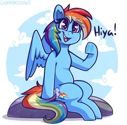 Size: 2050x2029 | Tagged: safe, artist:graphene, derpibooru import, rainbow dash, pegasus, cloud, dialogue, eye clipping through hair, eyebrows, eyebrows visible through hair, happy, image, open mouth, open smile, png, rock, simple background, sitting, smiling, solo, waving