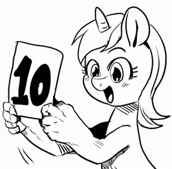 Size: 824x806 | Tagged: safe, artist:nekubi, derpibooru import, lyra heartstrings, pony, unicorn, bipedal, black and white, excited, grayscale, hand, holding, image, jpeg, monochrome, open mouth, reaction image, score card, solo