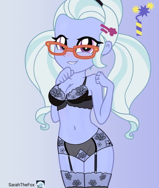Size: 2550x3000 | Tagged: suggestive, artist:sarahthefox97, derpibooru import, sugarcoat, equestria girls, breasts, busty sugarcoat, clothes, gradient background, image, lace, lingerie, lip bite, png, sexy, socks