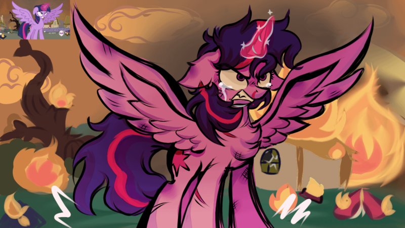 Size: 1150x648 | Tagged: safe, artist:tiaviva, derpibooru import, twilight sparkle, twilight sparkle (alicorn), alicorn, pony, twilight's kingdom, blood, crying, fire, golden oaks library, image, library, messy mane, nosebleed, png, scene interpretation, solo, tears of anger