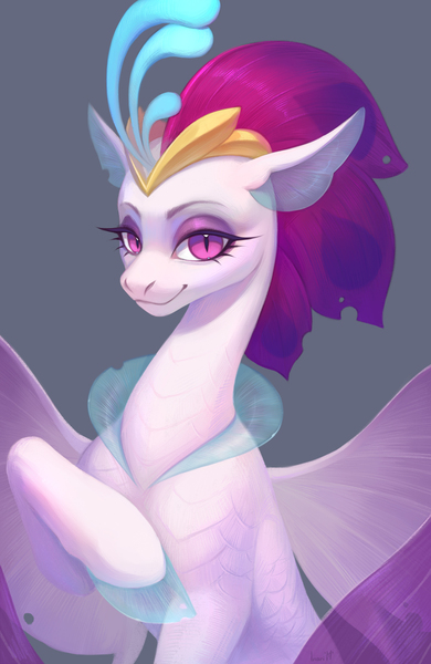 Size: 1950x3000 | Tagged: safe, artist:inarimayer, derpibooru import, queen novo, seapony (g4), my little pony: the movie, bust, clothes, collar, colored pupils, crown, cute, digital art, eyelashes, eyeshadow, female, fin wings, fins, floppy ears, g4, gray background, high res, image, jewelry, jpeg, lidded eyes, looking at you, makeup, portrait, purple eyes, purple mane, regalia, see-through, simple background, smiling, smiling at you, solo, spread wings, wings