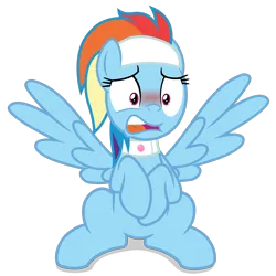 Size: 4000x4000 | Tagged: safe, artist:gypsykumquat, derpibooru import, rainbow dash, pegasus, pony, deep tissue memories, spoiler:deep tissue memories, .svg available, absurd resolution, alternate hairstyle, blushing, caught, embarrassed, female, headband, high res, image, inkscape, looking at you, png, show accurate, simple background, sitting, solo, spa pony, spa pony rainbow dash, spread wings, transparent background, vector, wings
