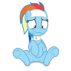 Size: 4000x4000 | Tagged: safe, artist:gypsykumquat, derpibooru import, rainbow dash, pegasus, pony, deep tissue memories, spoiler:deep tissue memories, .svg available, absurd resolution, alternate hairstyle, blushing, caught, embarrassed, female, headband, high res, image, inkscape, looking down, png, show accurate, simple background, sitting, solo, spa pony, spa pony rainbow dash, transparent background, vector