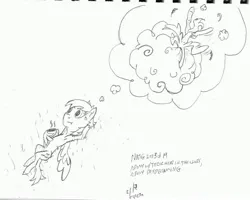 Size: 4416x3536 | Tagged: safe, artist:c_||_r, derpibooru import, sunshower raindrops, pegasus, pony, cloud, cup, frown, image, jpeg, monochrome, newbie artist training grounds, relaxing, signature, sketch, solo, stuck in a cloud, teacup, text, thought bubble