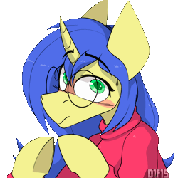 Size: 2560x2560 | Tagged: safe, artist:difis, derpibooru import, oc, oc:logical leap, pony, unicorn, animated, auction, auction open, big eyes, blushing, clothes, commission, cute, female, fingers together, gif, glasses, halfbody, horn, image, shy, simple background, sweat, sweater, transparent background, unicorn oc, watermark, ych animation, your character here