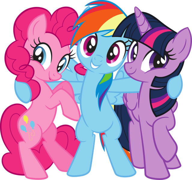 Size: 5428x5099 | Tagged: safe, derpibooru import, official, pinkie pie, rainbow dash, twilight sparkle, twilight sparkle (alicorn), alicorn, earth pony, pegasus, pony, .svg available, bipedal, female, g4, image, mare, png, raised hoof, simple background, stock vector, transparent background, trio, vector