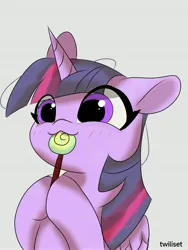 Size: 3072x4096 | Tagged: safe, artist:twiliset, derpibooru import, twilight sparkle, twilight sparkle (alicorn), alicorn, pony, big eyes, candy, cute, food, happy, image, jpeg, looking at you, simple background, smiling, smiling at you, solo