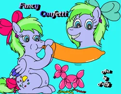 Size: 2475x1925 | Tagged: safe, artist:puffydearlysmith, derpibooru import, oc, oc:fancy confetti, pegasus, pony, g5, balloon, balloon animal, belly button, blowing up balloons, bow, chubby, ear piercing, earring, female, hair bow, happy, image, inflating, jewelry, light blue background, mare, pegasus oc, piercing, png, simple background, smiling, tail, tail bow, wings