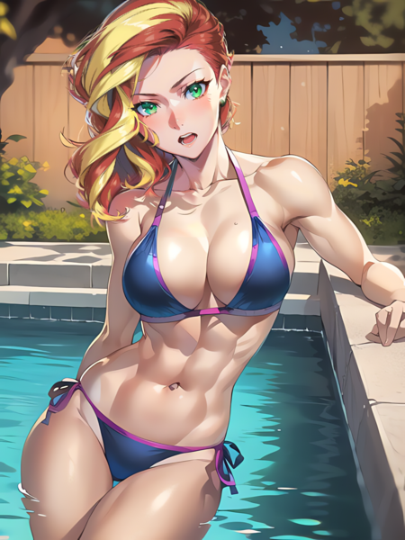 Size: 1020x1360 | Tagged: suggestive, derpibooru import, editor:sammykun, machine learning generated, stable diffusion, sunset shimmer, human, equestria girls, abs, ai content, alternate hairstyle, big breasts, bikini, breasts, busty sunset shimmer, clothes, female, fence, fetish, humanized, image, looking at you, midriff, muscle fetish, muscles, muscular female, open mouth, plants, png, pose, prompter:sammykun, serious, serious face, sexy, stupid sexy sunset shimmer, sultry pose, swimming pool, swimsuit, tree, water, wood
