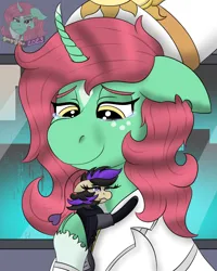 Size: 840x1050 | Tagged: safe, artist:gray star, derpibooru import, oc, oc:minty shine (graystar), oc:shotglass, breezie, classical unicorn, pony, unicorn, fallout equestria, cloven hooves, crying, cultist, curved horn, ear piercing, fallout equestria:all things unequal (pathfinder), female, freckles, horn, hug, image, inquisitor, jewelry, laser pistol, leonine tail, piercing, png, sun's of celestia, tail, teary eyes, unshorn fetlocks