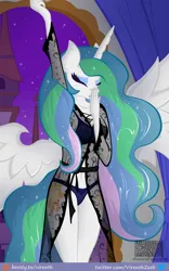 Size: 1000x1603 | Tagged: suggestive, artist:virenth, derpibooru import, princess celestia, alicorn, anthro, canterlot, clothes, eyes closed, female, image, lace, lingerie, negligee, png, solo, solo female, spread wings, stretching, underwear, wings, yawn