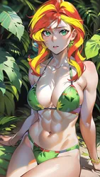 Size: 864x1536 | Tagged: suggestive, derpibooru import, editor:sammykun, machine learning generated, stable diffusion, sunset shimmer, human, equestria girls, abs, ai content, big breasts, bikini, breasts, busty sunset shimmer, clothes, female, humanized, image, jungle, leaves, looking at you, midriff, muscles, muscular female, open mouth, plants, png, pose, prompter:sammykun, serious, serious face, sexy, sitting, stupid sexy sunset shimmer, sultry pose, swimsuit, tree, tropical, water