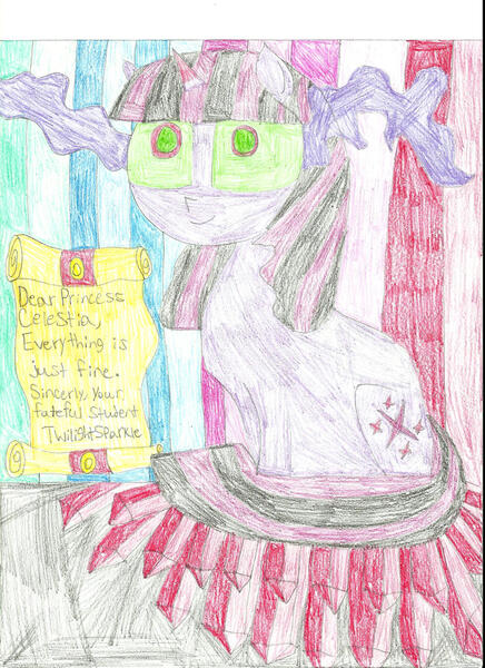 Size: 1024x1409 | Tagged: safe, artist:staredeclipse, derpibooru import, twilight sparkle, pony, unicorn, colored horn, corrupted twilight sparkle, crystal, curved horn, dark magic, darkened hair, green pupils, green sclera, horn, image, jpeg, letter, magic, psychotic, red crystal, red iris, scroll, solo, sombra eyes, sombra horn, throne, throne room, unicorn twilight