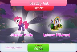 Size: 1267x861 | Tagged: safe, derpibooru import, idw, official, pinkie pie, earth pony, pony, balloon, bundle, bush, clothes, costs real money, english, face paint, female, gameloft, idw showified, image, jpeg, mare, mobile game, my little pony: magic princess, numbers, pinkie joker, sale, solo, solo focus, text