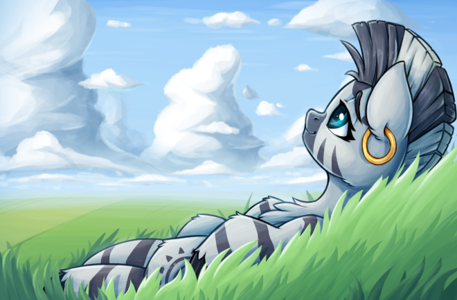 Size: 660x434 | Tagged: safe, artist:zeepheru_pone, derpibooru import, zecora, zebra, atg 2023, cloud, ear piercing, earring, female, grass, image, jewelry, lying down, newbie artist training grounds, piercing, png, sky, solo