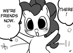 Size: 529x386 | Tagged: safe, artist:n', derpibooru import, pinkie pie, ponified, earth pony, pony, female, image, manga style, monochrome, png, reaction image, solo, solo female, speech bubble