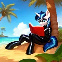 Size: 3072x3072 | Tagged: suggestive, derpibooru import, machine learning generated, stable diffusion, shining armor, anthro, unicorn, ai content, beach, bodysuit, book, bush, clothes, cloud, generator:purplesmart.ai, glasses, image, jpeg, latex, latex suit, ocean, palm tree, prompter:thegoldenmonk, reading, sand, solo, tree, water