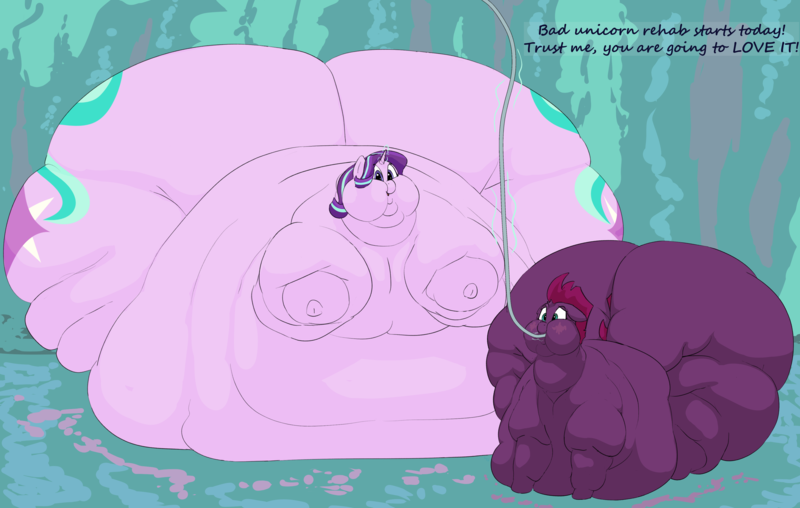 Size: 3500x2223 | Tagged: questionable, artist:lupin quill, derpibooru import, starlight glimmer, tempest shadow, unicorn, series:bad unicorn rehab (weight gain), belly, belly bed, big belly, bingo wings, blob, blushing, butt, chubby cheeks, dialogue, fat, fat fetish, feedee, feeder, feeding tube, fetish, flabby chest, force feeding, frog (hoof), huge belly, huge butt, image, immobile, impossibly large belly, impossibly large butt, large butt, magic, missing cutie mark, morbidly obese, multichin, neck roll, obese, open mouth, plot, png, rolls of fat, starlard glimmer, stretched cutie mark, telekinesis, tempest blubber, underhoof, weight gain, weight gain sequence