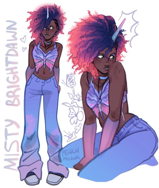 Size: 1821x2160 | Tagged: safe, artist:peachmichea, derpibooru import, human, g5, afro, alternate design, alternate hairstyle, belly button, blackwashing, choker, clothes, cornrows, dark skin, denim, ear piercing, earring, evening gloves, eyeshadow, featured image, fingerless elbow gloves, fingerless gloves, freckles, gloves, heart, horn, horned humanization, humanized, image, jeans, jewelry, jpeg, long gloves, makeup, misty brightdawn, necklace, pants, piercing, rebirth misty, short shirt, simple background, solo, twitterina design, white background