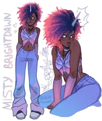 Size: 1821x2160 | Tagged: safe, artist:peachmichea, derpibooru import, human, g5, afro, alternate design, alternate hairstyle, belly button, choker, clothes, cornrows, dark skin, denim, ear piercing, earring, evening gloves, eyeshadow, featured image, fingerless elbow gloves, fingerless gloves, freckles, gloves, heart, horn, horned humanization, humanized, image, jeans, jewelry, jpeg, long gloves, makeup, misty brightdawn, necklace, pants, piercing, rebirth misty, short shirt, simple background, solo, twitterina design, white background