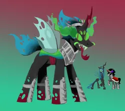 Size: 1700x1500 | Tagged: safe, artist:msponies, derpibooru import, changeling, pony, unicorn, armor, forked tongue, four eyes, fusion, fusion:king sombra, fusion:queen chrysalis, gradient background, hybrid fusion, image, insect wings, png, solo, wings