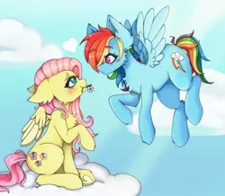 Size: 2350x2048 | Tagged: safe, artist:kittygutzzart, derpibooru import, fluttershy, rainbow dash, pegasus, pony, blushing, cloud, duo, female, flower, flower in mouth, flutterdash, flying, heart, heart eyes, image, jpeg, lesbian, looking at each other, looking at someone, mare, mouth hold, on a cloud, shipping, sitting, sitting on cloud, sky, wingding eyes