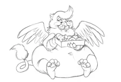Size: 1945x1314 | Tagged: safe, artist:tallowandsoot, derpibooru import, oc, oc:macchiato, unofficial characters only, gryphon, belly, big belly, cute, donut, fat, female, food, griffon oc, image, pastries, paw pads, paws, png, stuffed, stuffed belly