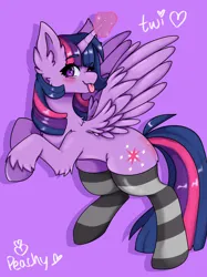 Size: 2048x2732 | Tagged: safe, artist:kittygutzzart, derpibooru import, twilight sparkle, twilight sparkle (alicorn), alicorn, pony, :p, blushing, clothes, cute, female, glow, glowing horn, horn, image, looking at you, mare, one eye closed, png, purple background, rearing, signature, simple background, socks, solo, spread wings, striped socks, tongue out, twiabetes, wings, wink, winking at you